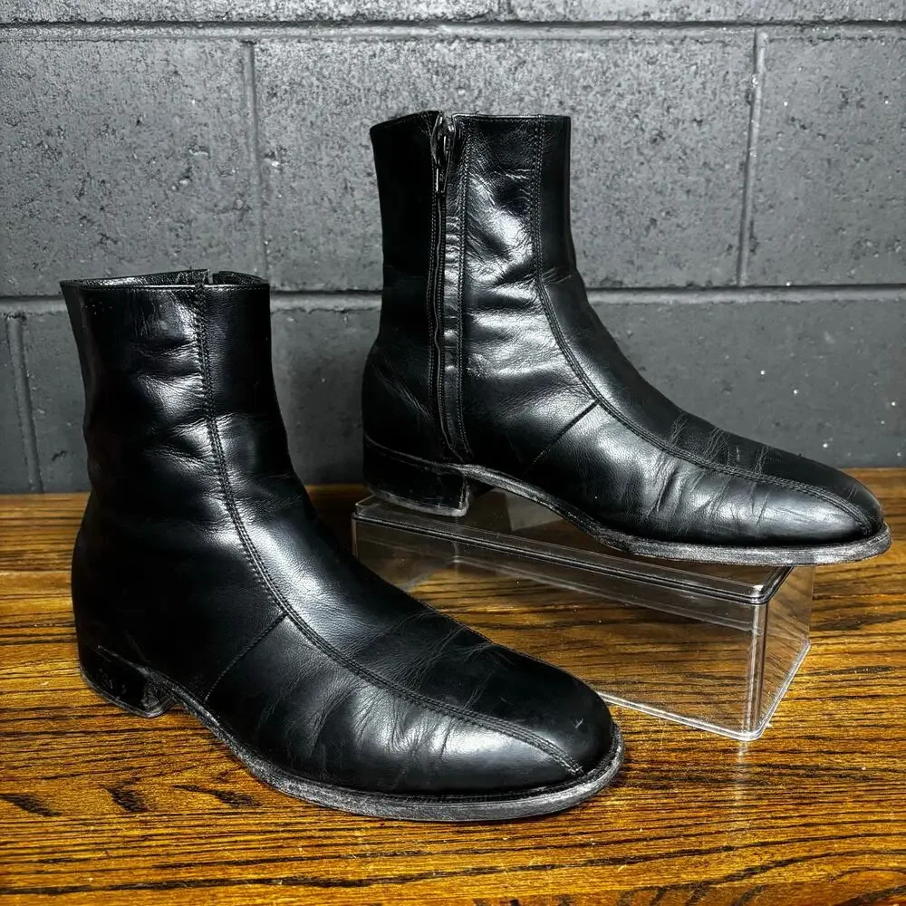 Vintage Florsheim Mens 9.5 D Black Leather Side Zip Ankle Boots Made in USA